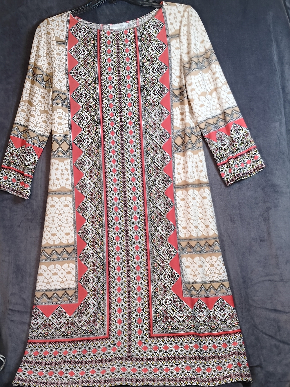 Bohemian Printed Shift Dress By London Times Coral & Cream